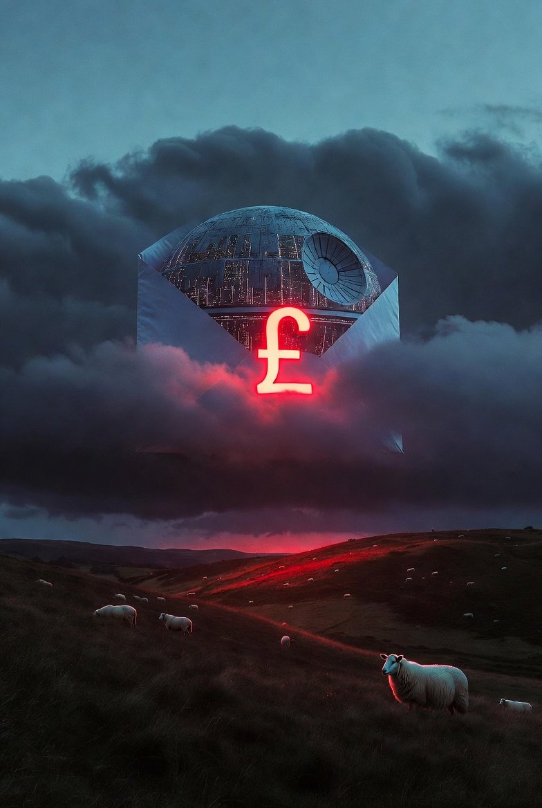 A UK hill farm at dusk with a Death-Star-shaped envelope marked with a glowing red pound sign hovering in storm clouds, sheep grazing below.