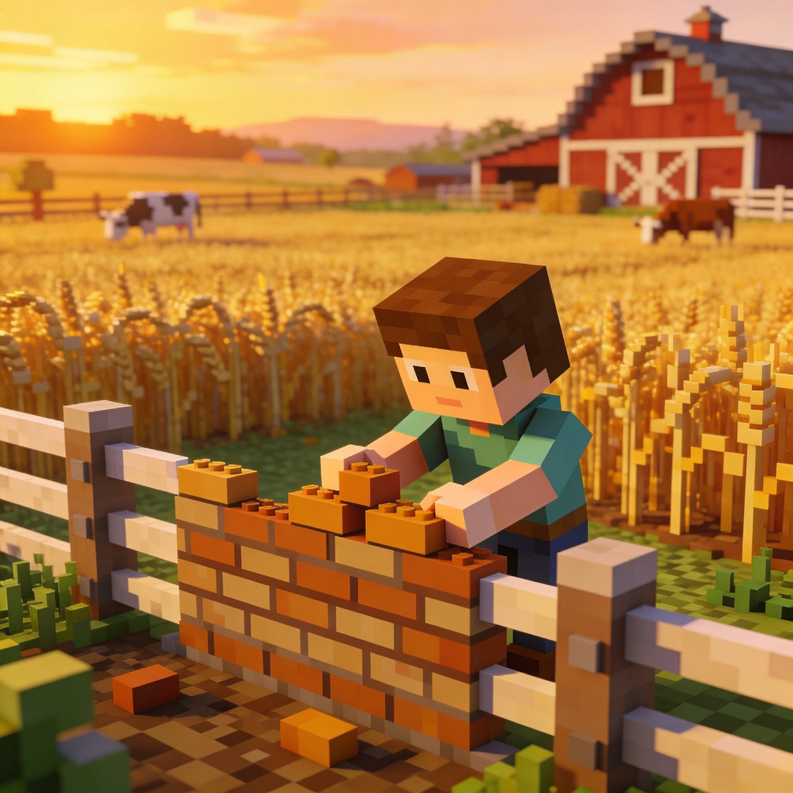 A blocky child building a fence at sunset in a voxel farm with a barn and cows in the wheat field behind.