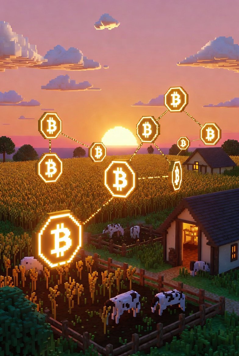 A voxel farm at sunset with a warm-lit farmhouse, cows in a paddock, and glowing hexagonal Bitcoin tokens floating above the fields connected by golden lines.